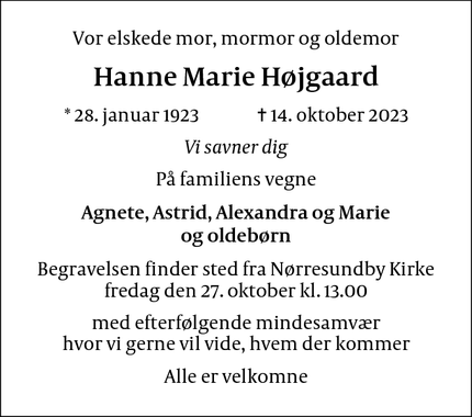 Dødsannoncen for Hanne Marie Højgaard - Aalborg