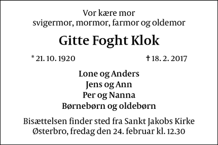 Dødsannoncen for Gitte Foght Klok - København