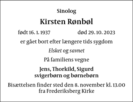 Dødsannoncen for Kirsten Rønbøl - KØBENHAVN S.