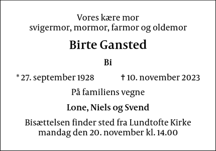 Dødsannoncen for Birte Gansted - Kongens Lyngby