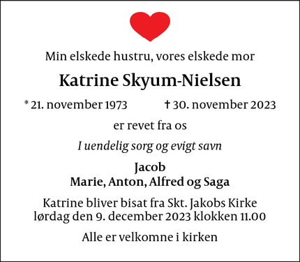 Dødsannoncen for Katrine Skyum-Nielsen - Frederiksberg