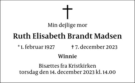 Dødsannoncen for Ruth Elisabeth Brandt Madsen - Saxkøbing
