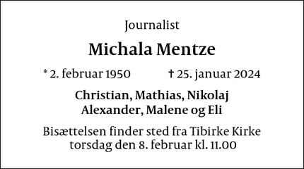 Dødsannoncen for Michala Mentze - Gilleleje