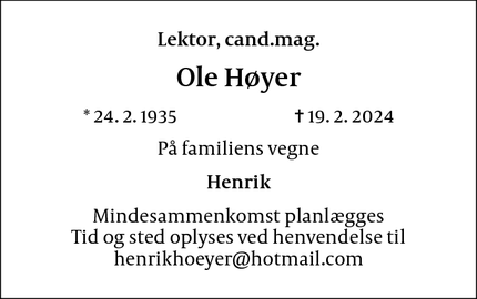 Dødsannoncen for Ole Høyer - Vallensbæk
