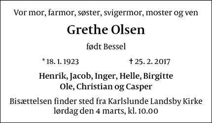 Dødsannoncen for Grethe Olsen - Karlslunde Strand
