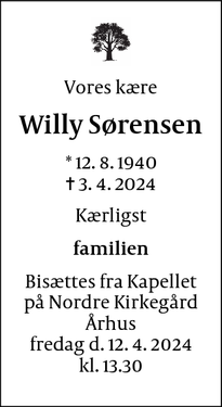 Dødsannoncen for Willy Sørensen - Århus
