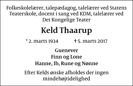 Dødsannoncen for Keld Thaarup - København