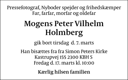 Dødsannoncen for  Mogens Peter Vilhelm Holmberg - Sundbyøster