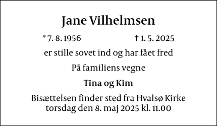 Dødsannoncen for Jane Vilhelmsen - København K