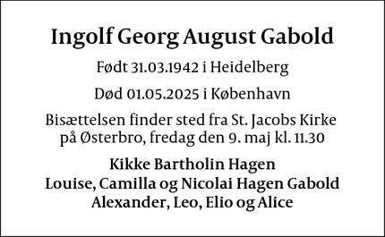 Dødsannoncen for Ingolf Georg August Gabold - KØBENHAVN Ø