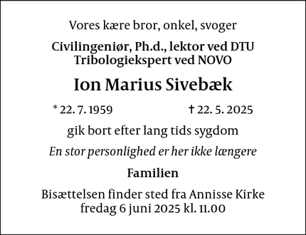 Dødsannoncen for Ion Marius Sivebæk - Helsinge