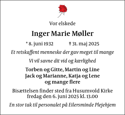 Dødsannoncen for Inger Marie Møller - Brønshøj