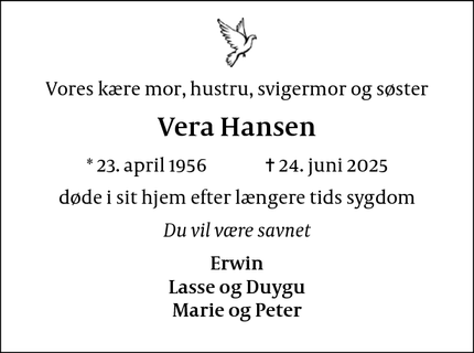 Dødsannoncen for Vera Hansen - Lynæs