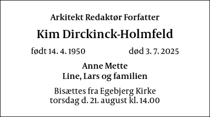 Dødsannoncen for Kim Dirckinck-Holmfeld - Egebjerg, 4500 Nykøbing Sj