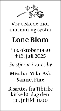 Dødsannoncen for Lone Blom - Charlottenlund