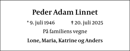 Dødsannoncen for Peder Adam Linnet - Lejre
