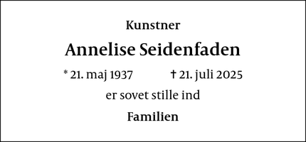 Dødsannoncen for Annelise Seidenfaden - Ærøskøbing