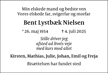 Dødsannoncen for Bent Lystbæk Nielsen - Frederiksberg