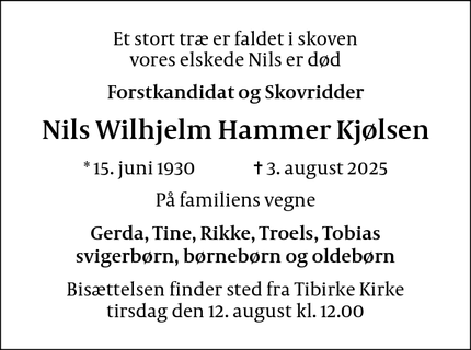 Dødsannoncen for Nils Wilhjelm Hammer Kjølsen - Tibirke