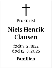 Dødsannoncen for Niels Henrik
Clausen - Lejre