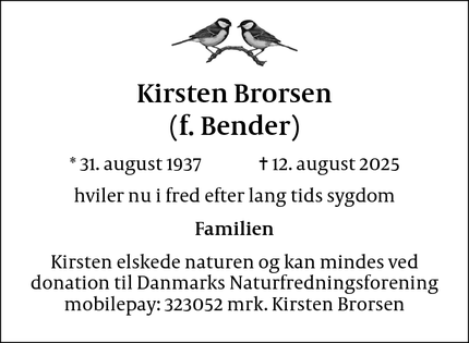 Dødsannoncen for Kirsten Brorsen
(f. Bender) - Vanløse