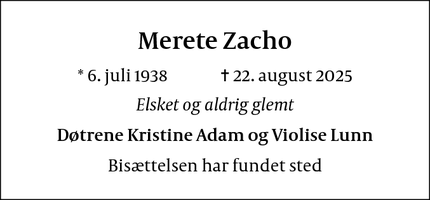 Dødsannoncen for Merete Zacho - Klampenborg