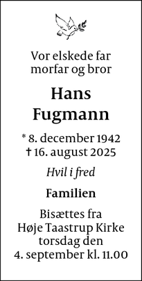 Dødsannoncen for Hans Fugmann - Frederiksberg