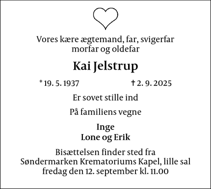 Dødsannoncen for Kai Jelstrup - Frederiksberg