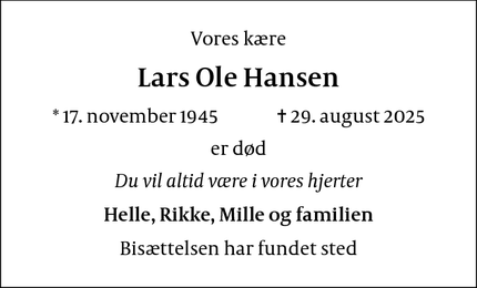 Dødsannoncen for Lars Ole Hansen - Hedehusene