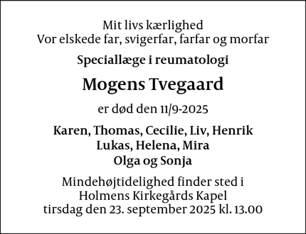 Dødsannoncen for Mogens Tvegaard - København 