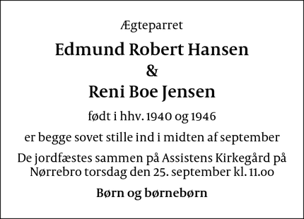 Dødsannoncen for Edmund Robert Hansen
&
Reni Boe Jensen - Stevns