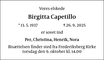 Dødsannoncen for Birgitta Capetillo - Frederiksberg