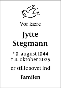 Dødsannoncen for Jytte Stegmann - København