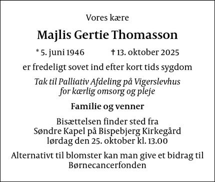 Dødsannoncen for Majlis Gertie Thomasson - København