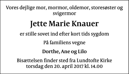 Dødsannoncen for Jette Marie Knauer - Trør