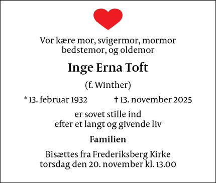 Dødsannoncen for Inge Erna Toft - København NV