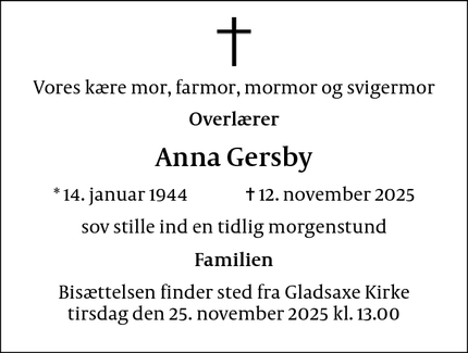 Dødsannoncen for Anna Gersby - Frederiksværk