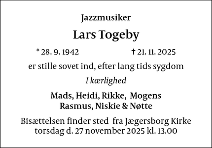 Dødsannoncen for Lars Togeby - Jægersborg