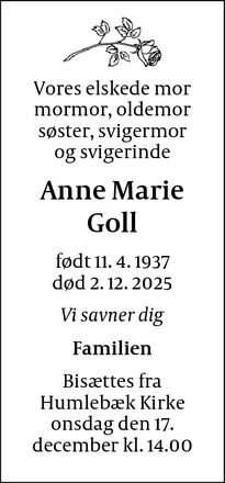 Dødsannoncen for Anne Marie
Goll - Brønshøj