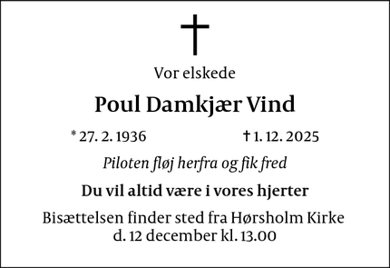 Dødsannoncen for Poul Damkj&aelig;r Vind  - Hørsholm