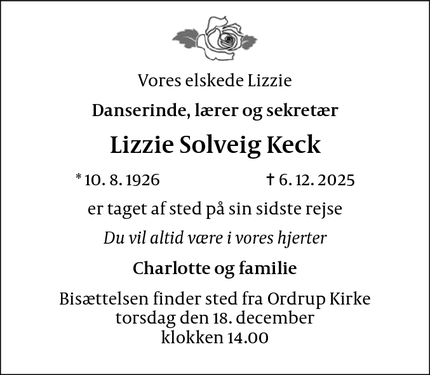 Dødsannoncen for Lizzie Solveig Keck - Gentofte
