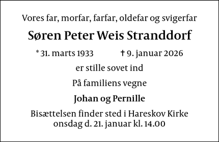 Dødsannoncen for S&oslash;ren Peter Weis Stranddorf - Værløse