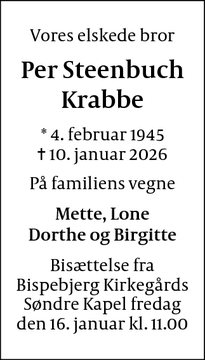 Dødsannoncen for Per Steenbuch
Krabbe - København