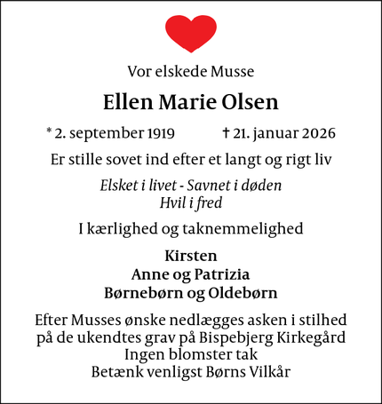 Dødsannoncen for Ellen Marie Olsen - Brønshøj