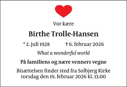 Dødsannoncen for Birthe Trolle-Hansen - Hvidovre
