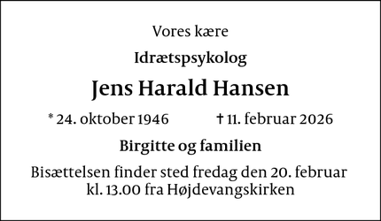 Dødsannoncen for Jens Harald Hansen - København S