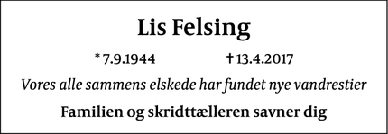 Dødsannoncen for Lis Felsing - Frederiksberg