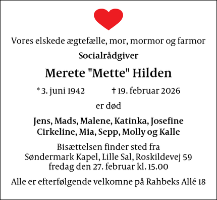 Dødsannoncen for Merete "Mette" Hilden - Vanløse