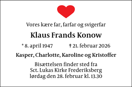 Dødsannoncen for Klaus Frands Konow - Frederiksberg