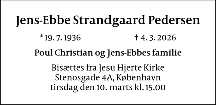 Dødsannoncen for Jens-Ebbe Strandgaard Pedersen - Frederiksberg